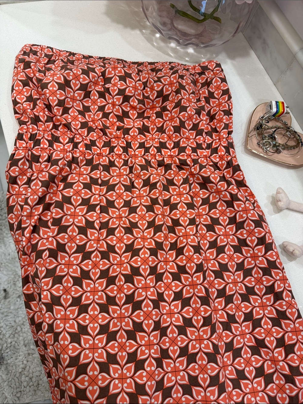 Penguin Strapless Geometric Print Midi Dress in Coral & Chocolate